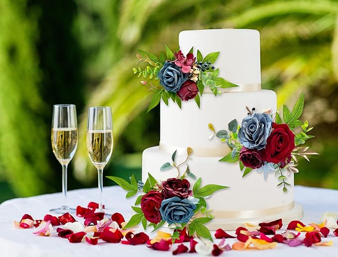 CherishedMoments 3Pcs Cake Topper Set, Wedding Artificial Flowers Decor Burgundy and Navy Blue Cake Topper Decorations for Wedding Ceremony Anniversary, Wedding Home Decor