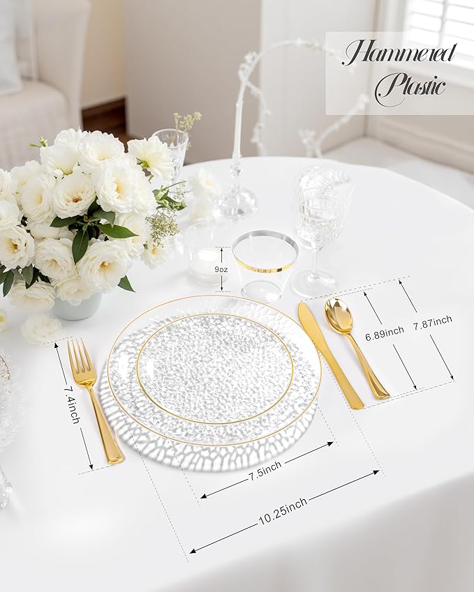 Hioasis 350pcs Clear Gold Plastic Plates - Clear Plastic Dinnerware Set Includes 50 Dinner Plate, 50 Dessert Plate, 50 Cups, 50 Napkins Perfect for Wedding & Party