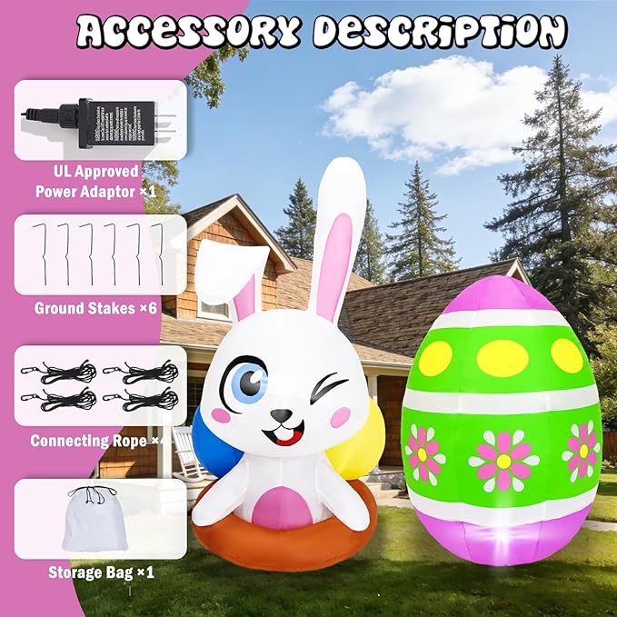 Dearsun 4FT Inflatable Easter Bunny& Egg Blow up Outdoor Yard Decorations, Easter Inflatables with LED Lights for Holiday Party Indoor Outdoor Décor