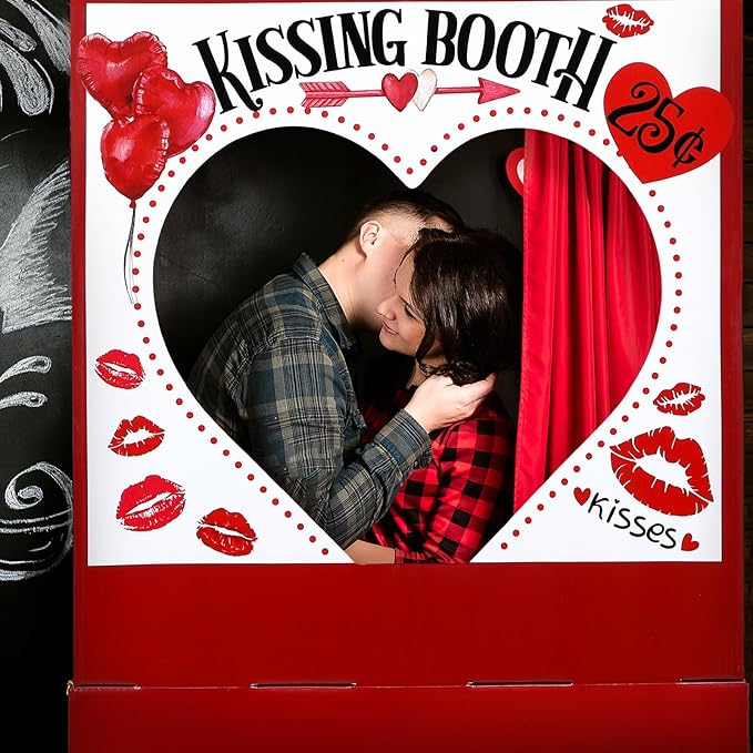 Valentine's Kissing Booth 54 x 28 in Valentines Photo Prop Kissing Booth Stand Cardboard Cutout Decorative Sign for Carnival Romantic Wedding Party Outdoor Decorations(Classic)
