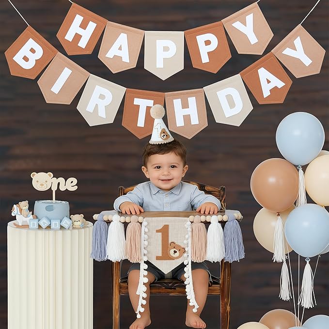 Bear First Brown Felt Happy Birthday High Chair Banner Pre-strung Birthday Hanging Decoration With Birthday Hat One Cake Topper For 1st Birthday Party Decor