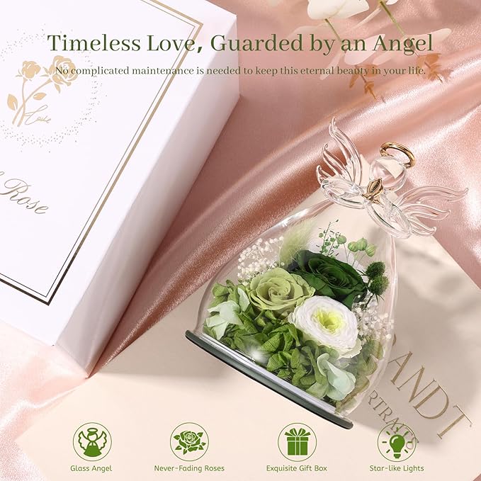 Birthday Gifts for Women Mom Preserved Roses in Glass Angel Figurines Fresh Flowers for Delivery Forever Flowers Eternal Rose Valentines Day for Grandma Sister Wife Her Daughter
