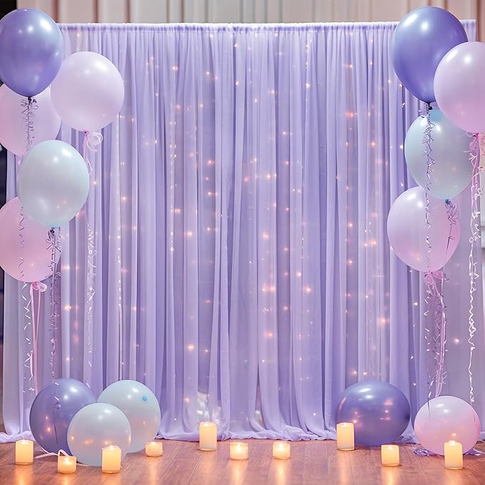10ft x 10ft Purple Backdrop Curtain with Lights String for Parties, Sheer Tulle Wedding Photo Backdrops Drapes for Baby Shower Birthday Party Decorations Background for Photography