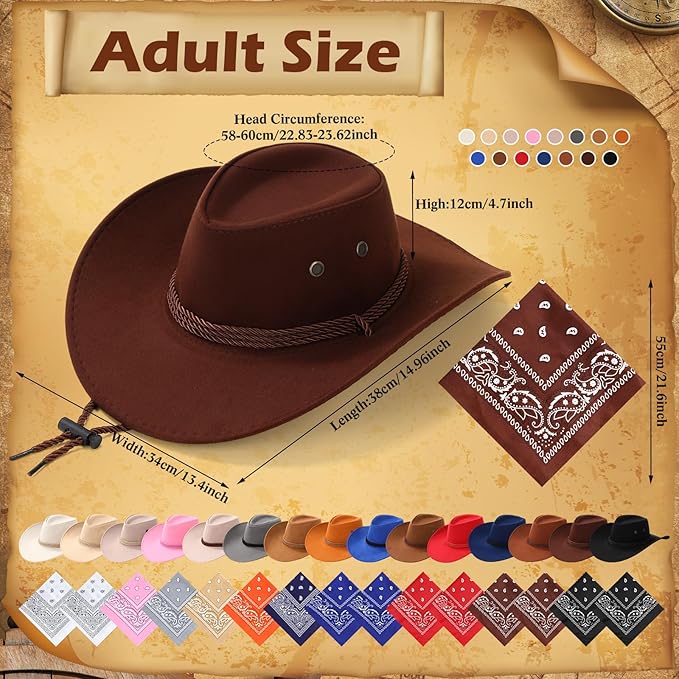 Coume 30 Pieces Western Cowboy Hat Costume Accessories Paisley Bandanna Set Cowgirl Hats Bulk for Adult Women Men Dress Party