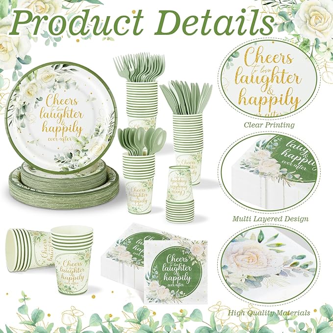 350 Pcs Eucalyptus Leaves Bridal Shower Paper Plates Napkins Cups Disposable Sage Green Tableware Set With Knives Forks Cheers to Love Party Favors for 50 Guest Wedding Engagement Decor