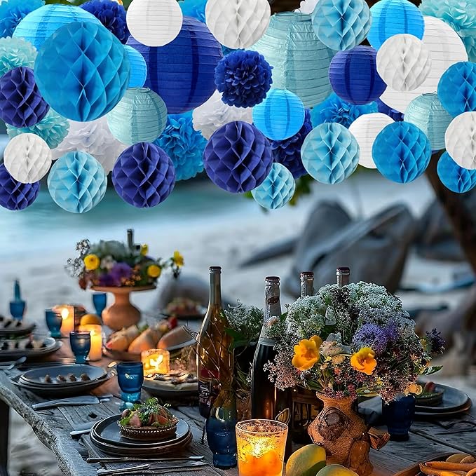WOLHOWLTD Blue White Paper Decoration Set - 42 Pcs Paper Lanterns, Pompoms, Honeycomb for Wedding,Gender Reveal,School Day,Ocean Theme,Birthday Party,Home Garden Decoration(Blue White)