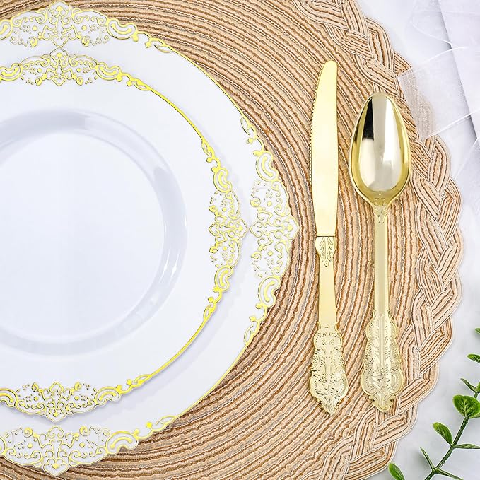 350 PCS White and Gold Plastic Plates, Plastic Dinnerware Set for 50 Guests, 100 Disposable Plates, 150 Silverwares, 50 Cups, 50 Napkins for Party, Wedding, Graduation