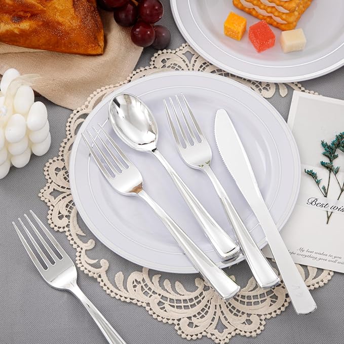 Supernal 360pcs Plastic Silverware Heavy Duty, Silver Disposable Silverware Sets for Parties,Plastic Forks and Spoons,Party Disposable Flatware Suit for Weddings, Birthday, Parties