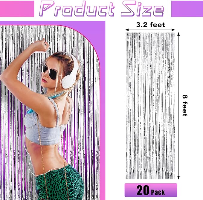 20 Pcs Silver Foil Fringe Backdrop 3.28 x 8.2 ft Metallic Tinsel Curtains for Christmas Party 2026 New Year Photo Birthday Wedding Baby Shower Bridal Photo Decor