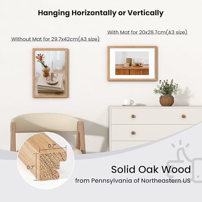 Axeman A3 Picture frame, Solid Oak Wood 11.7 x 16.5 inch Poster Frames with Mat 8.3 x 11.7 for Photo, A3 Size Frames Matted to A4 Print, 11.7x16.5 Wall Hanging Frame,Tempered Glass, Oak