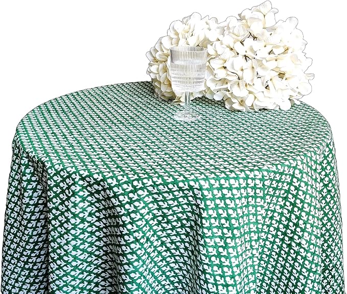 ATOSII Queen Green 100% Cotton Round Tablecloth, Handblock Print Floral Table Cloth for Kitchen Dining Linen I Parties, Weddings, Outdoors, Christmas, Thanksgiving I 90" Inches Round I 6 Seater