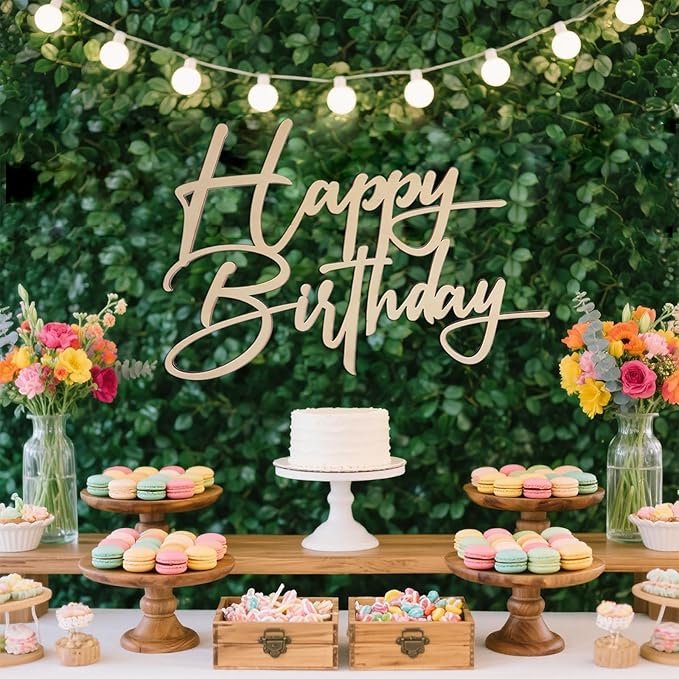 Wooden Happy Birthday Background Sign - Happy Birthday Unfinished Large Wood Sign Decorations, Home Door Wall Birthday Party Decor Photo Props (Wooden Happy Birthday Background 2)