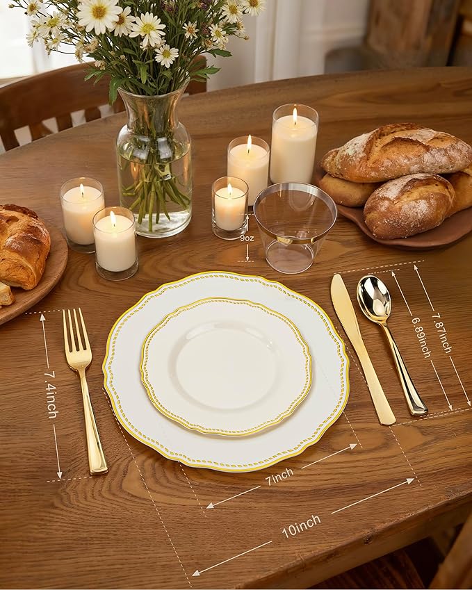 Hioasis 175pcs Ivory Gold Plastic Plates - Gold Plastic Dinnerware Set Includes 25 Dinner Plates, 25 Dessert Dinnerware, 25 Cups, 25 Napkins Perfect for Wedding & Party