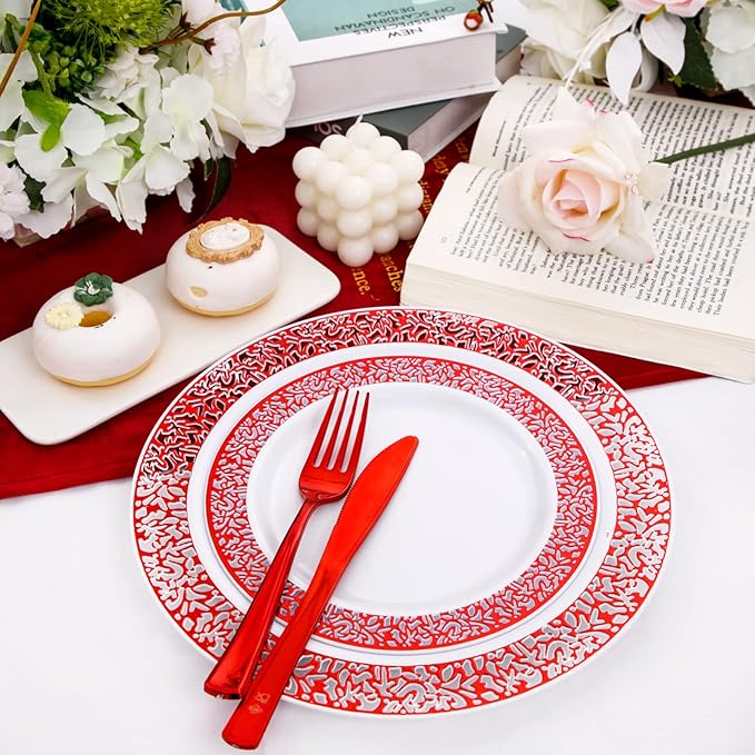 U-QE 150PCS Red Plastic Plates with Red Plastic Silverware, Red Disposable Plates Include 30 Dinner Plates 10.25", 30 Salad Plates 7.5",30 Forks,30 Knives,30 Spoons Perfect for Valentine's Day
