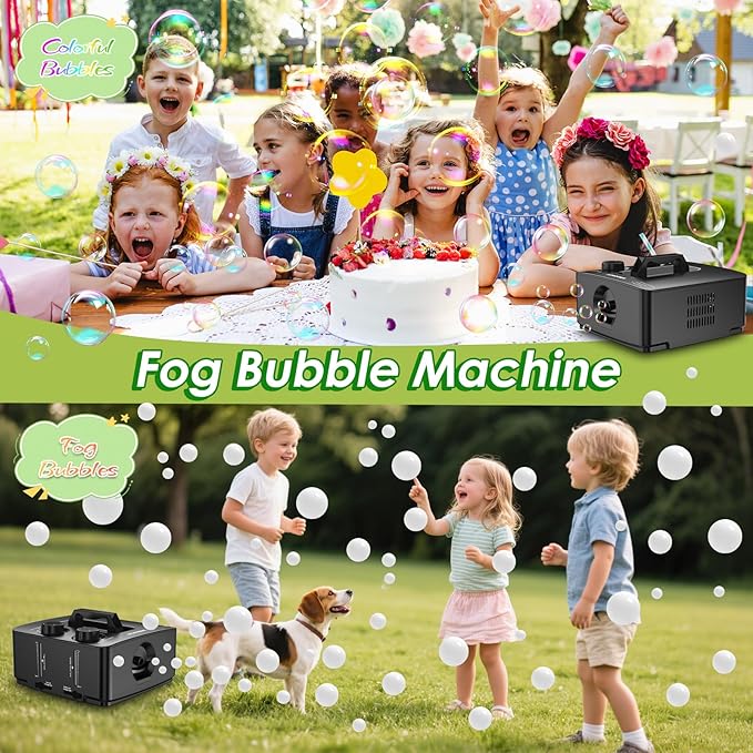 Fog Bubble Machine, 2-in-1 Smoke Bubble Maker, 400W No-Spill Fog Bubble Blower, 8000+ Colorful/Fog Bubbles for Kids Toddlers Indoor Outdoor Birthday Party (Black)