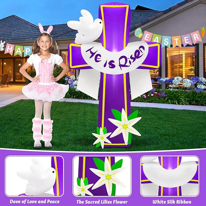 MICOCAH 4.5FT Easter Inflatables Outdoor Decorations He is Risen Inflatable Cross Blow Up with Lilies and Doves Build in LED Lights for Indoor Yard Garden Lawn Party Holiday Christian