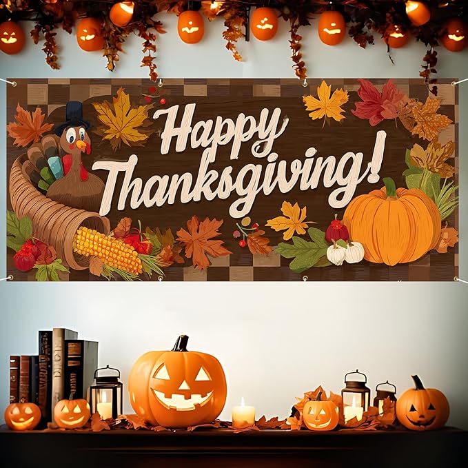 ANNA QUEEN Happy Thanksgiving Garage Door Banner 6 x 13FT, Cornucopia and Pumpkins on Woodgrain, Fall Outdoor Garage Decoration for Parties Home Rustic Decor