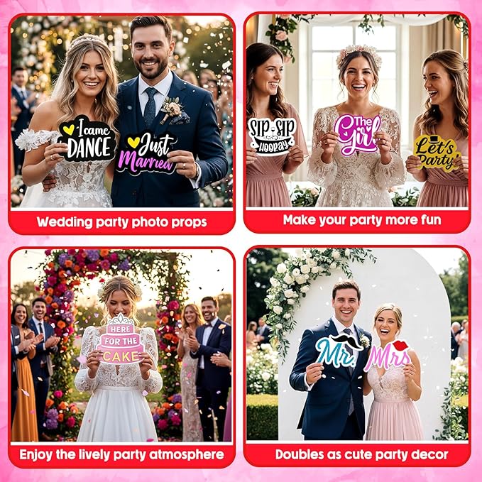 24 Pcs Wedding Photo Booth Props Single Sided 11.8" Funny Photo Booth Props Wedding Marriage Parties Decorations DIY Waterproof Selfie Signs PVC Printing for Reception Bridal Party Supplies