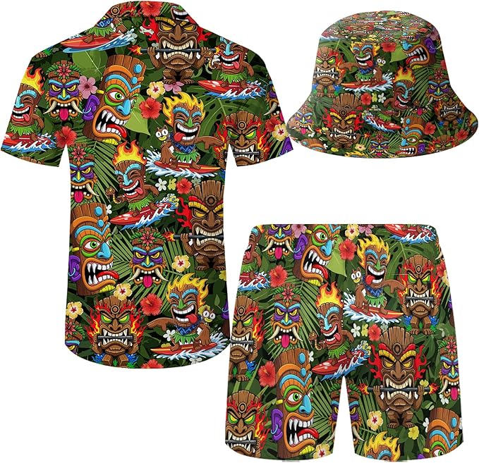 Men's Hawaiian Shirt and Shorts Set 2 Piece Beach Outfits with Bucket Hats for Beach Days and Summer Vibes