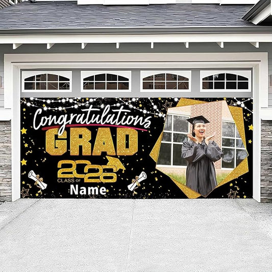 Custom Garaduation Garage Door Banner Cover 16 x 7 ft Class of 2026 Congrats Grad Party Backdrop Personalized Graduation Decoration(Black and Gold)