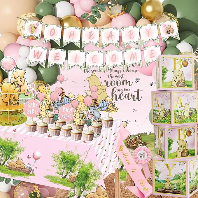 158pcs Pink Classic Winnie Baby Shower Decorations Kit, Vintage Winnie Party Supplies Decorations, Classic Pooh Backdrop Cake Topper, Winnie Baby Tablecloth Box Decorations for Girl Boy Baby Shower