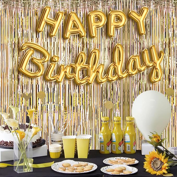 20 Pack Champagne Gold Foil Fringe Curtains 3.2ft x 9.8ft Foil Curtain Backdrop Metallic Tinsel Curtains Streamer Photo Booth Backdrop for Birthday Party Engagement Bachelorette Party Decorations