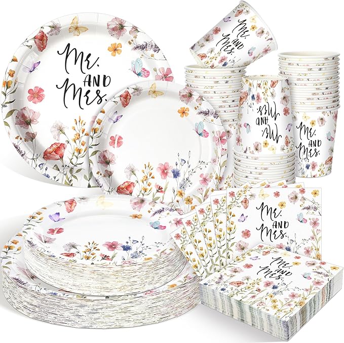 Zhehao 250 Pcs Mr. and Mrs. Bridal Shower Plates Napkins Sets 50 Pcs 9'' Dinner Plates and 7'' Dessert Plate and 9oz Cups 100 Napkins Serves 50 Party Supplies Bridal Shower Engagement Decoration