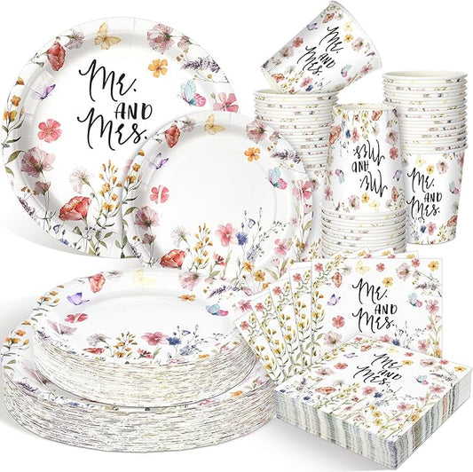 Zhehao 250 Pcs Mr. and Mrs. Bridal Shower Plates Napkins Sets 50 Pcs 9'' Dinner Plates and 7'' Dessert Plate and 9oz Cups 100 Napkins Serves 50 Party Supplies Bridal Shower Engagement Decoration