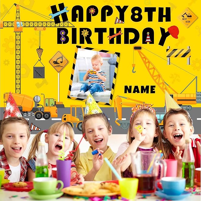 Custom Construction Happy Birthday Party Decorations Supplies Personalized Excavator Crane Dump Truck Digger Birthday Backdrop Banner(5x7.5ft)