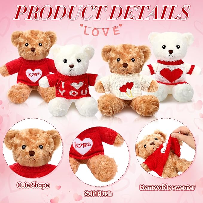 Hungdao 8 Pcs Valentines Bears Bulk 9.84 Inch Valentines Stuffed Animals Bulk Small Cute Plush Bears with Heart Clothes Valentine Gifts for Girlfriend Mother's Day Wedding Birthday Party(Cute Style)