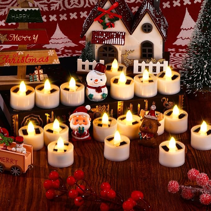 36 Pcs Solar Tea Lights Bulk Outdoor Waterproof Rechargeable Dusk to Dawn Lighting Small Valentine's Day Flameless Flickering LED Votive Candles for Garden Patio Party Lanterns (Warm White)