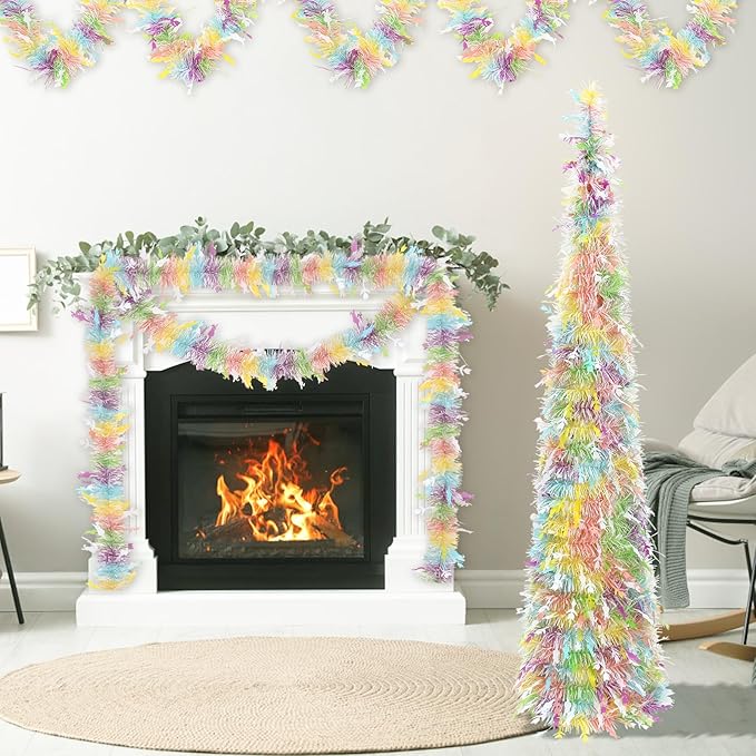 Easter Tinsel Tree, 5FT Artificial Pop Up Pencil Tree Decorations Spring Easter Flower Tabletop Decor for Home Party Birthday Holiday