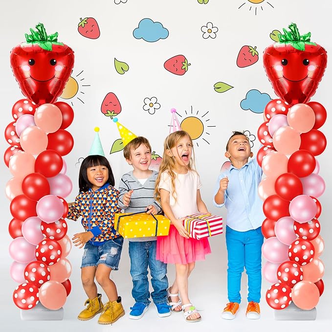 Kasyat 2 Set Strawberry Party Balloon Column Stand Kit Strawberry Red and Pink Foil Balloons Arch Garland Kit for Berry Sweet First Theme Baby Shower Birthday Party Decorations