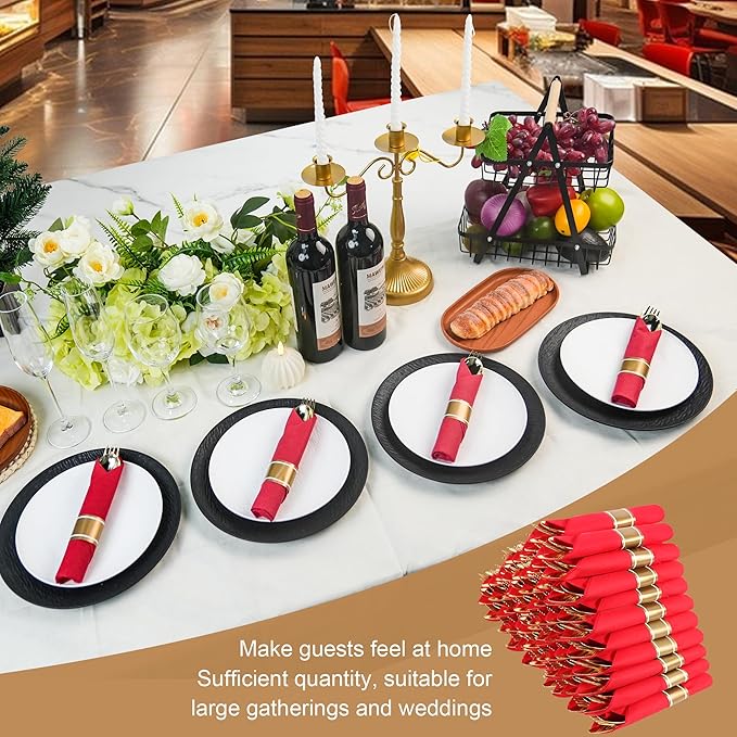 400 PCS Pre Rolled Cutlery Sets, Premium Gold Plastic Flatware Set Wrapped in Red Napkin, Disposable Cutlery Set with 100 Forks, 100 Knives, 100 Spoons, 100 Napkins for Upscale Wedding, Party, Dinner