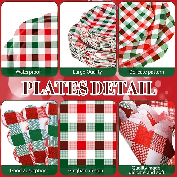 452 Pcs Red and Green Christmas Buffalo Plaid Party Supplies for 50, Scalloped Christmas Gingham Plaid Paper Plates Napkins Cups Tablecloth Cutlery Straws for Rustic Holiday Party Decoration