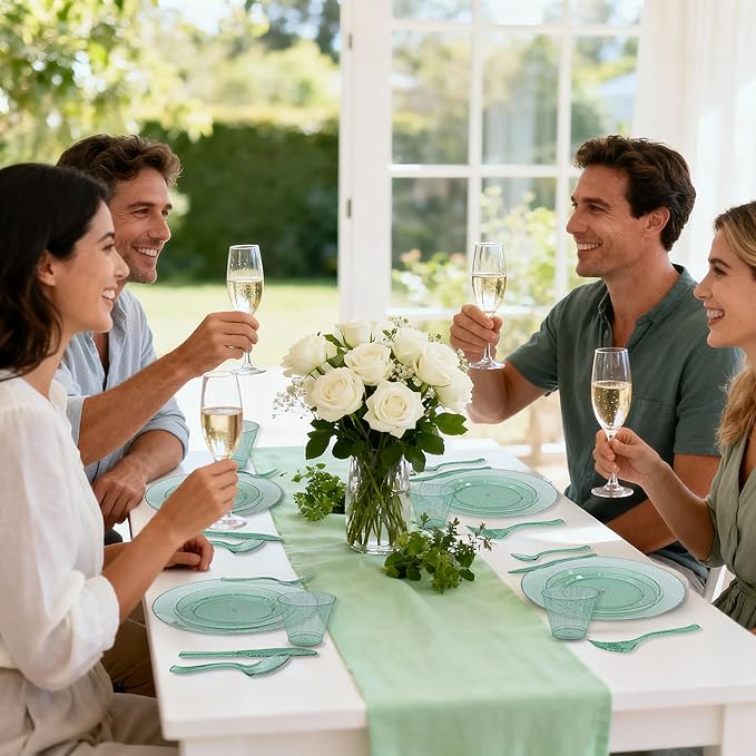DaYammi 350 Pieces Green Glitter Dinnerware Set 50 Guest for Party- 50 Dinner Plates, 50 Dessert Plates -50 Per Rolled Napkins with Green Cutlery - 50 Disposable Cups 9 OZ