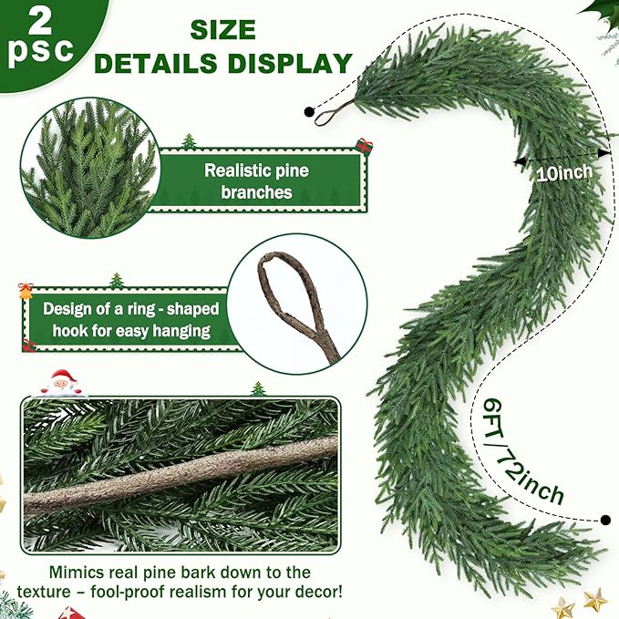 Artgar 12Ft (2 * 6ft) Christmas Pine Garland, 2 Pcs Real Touch Pine Garland, Artificial Realistic Greenery Garlands for Mantle Table Stair Window Porch Indoor Outdoor Winter Xmas Holiday Decorations