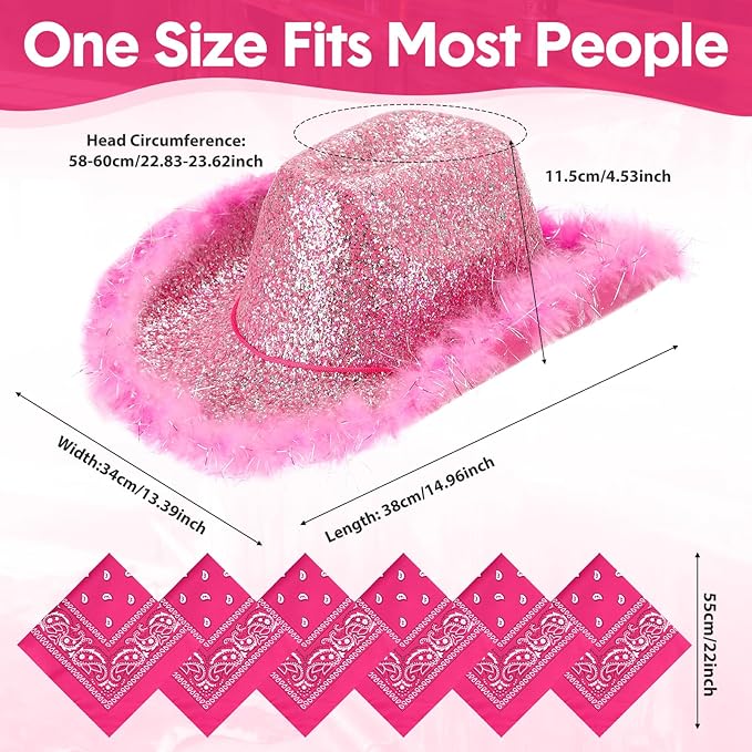 Coume 12 Pcs Sparkly Adults Cowboy Hat and Bandanas Women Men Western Glitter Cowgirl Party Hats with Adjustable Drawstring