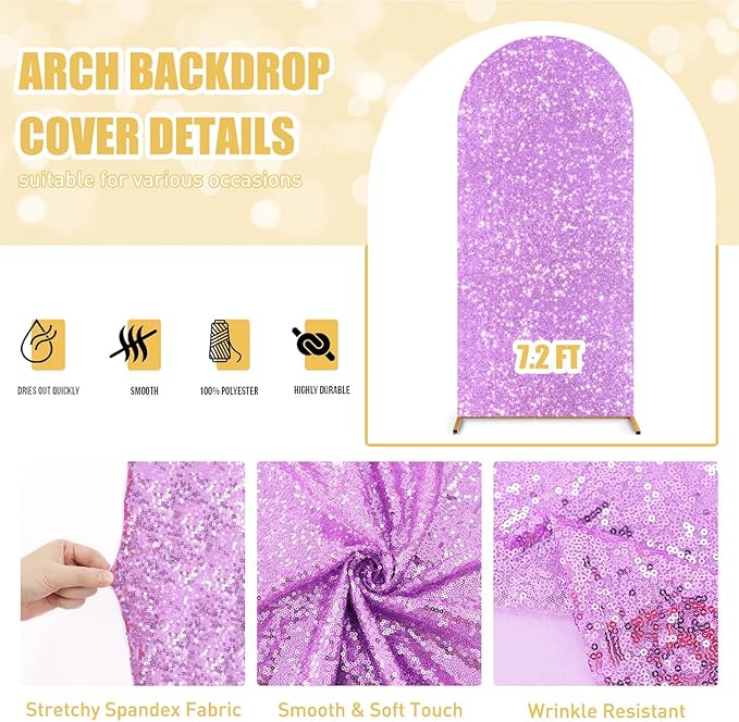 FUHSY Lavender 7.2FT Spandex Arch Cover Sequin Arch Cover Backdrop Fabric Glitter Chiara Arched Cover Wall 2-Sided Covers for Arches Lilac Shimmer Backdrop for Gender Reveal Birthday Event