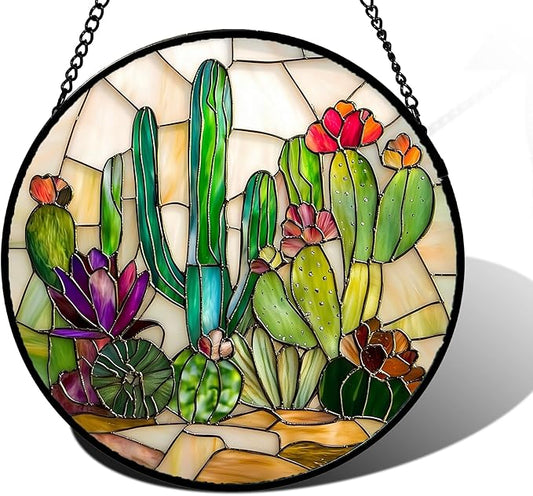 Stained Glass Window Hanging, White Green Cactus Suncatcher Diamond Glass Panel Hangings Sun Catchers Decor for Birthday for Women, Men, Wife, Aunt, and Mom 11.8x11.8 in