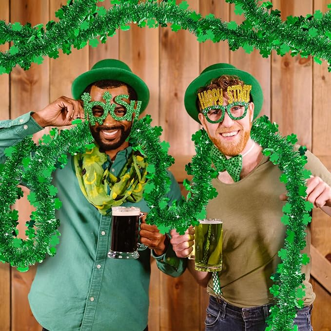 196 FT St. Patrick's Day Tinsel Garland, Green Shamrock Metallic Garland for Irish St. Patrick's Day Party Wall Tree Decoration
