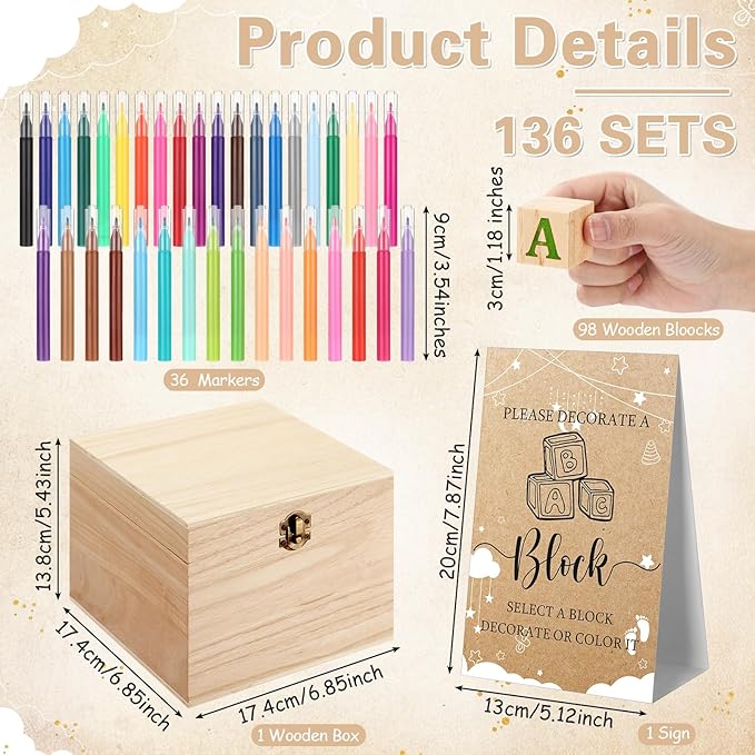 Marsui 136 Pcs Baby Shower Blocks to Decorate Game Kit Includes 98 Wooden Blocks, 36 Markers, 1 Game Sign, 1 Storage Box for Baby Shower Gender Reveal Activity Party Decorations(Cloud)