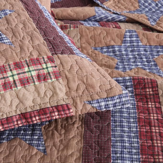 Cotton Bedding Quilt Sets Reversible Patchwork Coverlet Sets All Season Brown Bedspread, Mediterranean Star Pattern, Queen Size