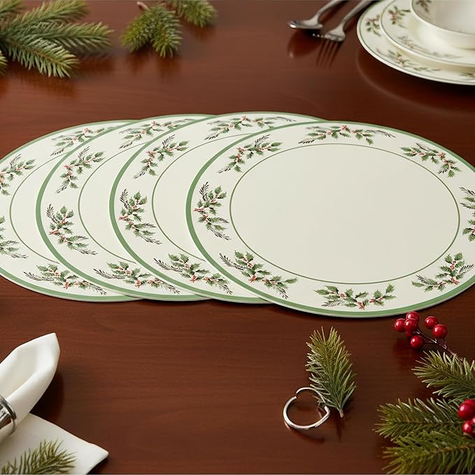 Spode Christmas Tree Holly Dinner Plates, Set of 4-10 Inch Stoneware with White Center & Holly Accents - Festive Holiday Tableware, Microwave, Dishwasher & Freezer Safe, Seasonal Dining Essentials