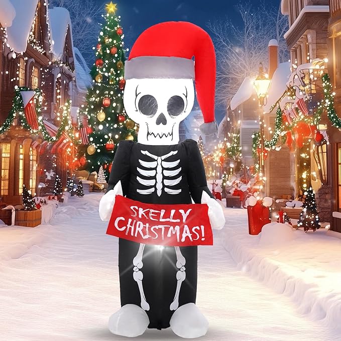 5 FT Christmas Hat Skeleton, Outdoor Inflatable Decorations with Built-in LED Lights for Gothic Style Holiday Inflatable White Christmas for lawns, Gardens, and Outdoor use