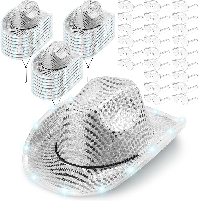 Zhanmai 18 Set LED Cowboy Hat Light Up Glitter Sequin Cowgirl Hat with Sunglasses for Adult Wedding Halloween Costume
