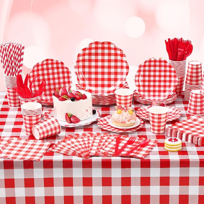 452 Pcs Red Gingham Party Supplies for 50, Red and White Gingham Checkered Paper Plates Napkins Cups Tablecloth Cutlery Straws for Birthday Family Picnic Camping Barbecue Party Decoration