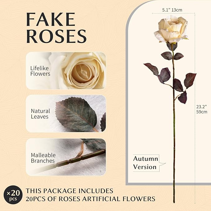 Artificial Flowers Artificial Roses 23.2In Fake Roses Long Stem Artificial Flowers for Tall Vase Silk Rose Suitable for Indoor Decor Wedding Party Decor DIY Bouquet Autumn (Milky White，20PCS)