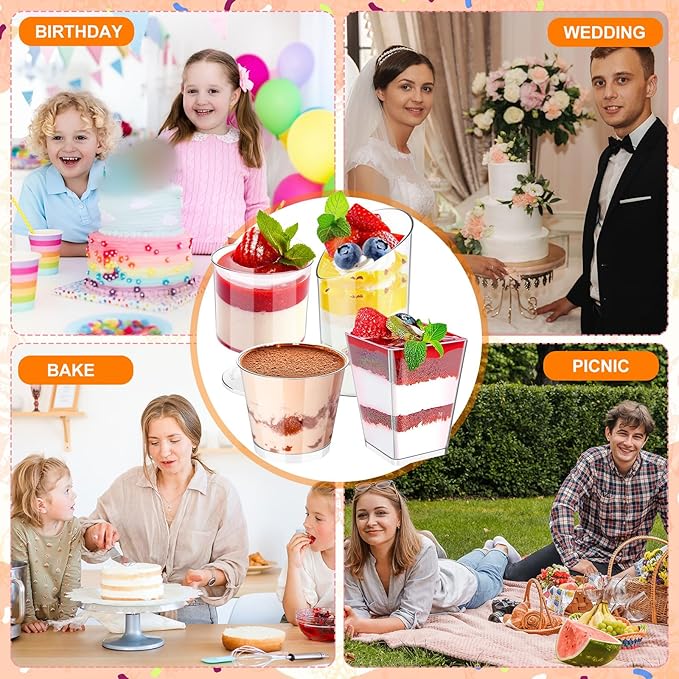300 Pack Clear Mini Dessert Cups with Spoons 3oz 5oz Plastic Square Parfait Round Goblet Appetizer Shooter Cups for Baby Shower Wedding Party Picnic Yogurt Fruit Pudding Ice Cream Cake
