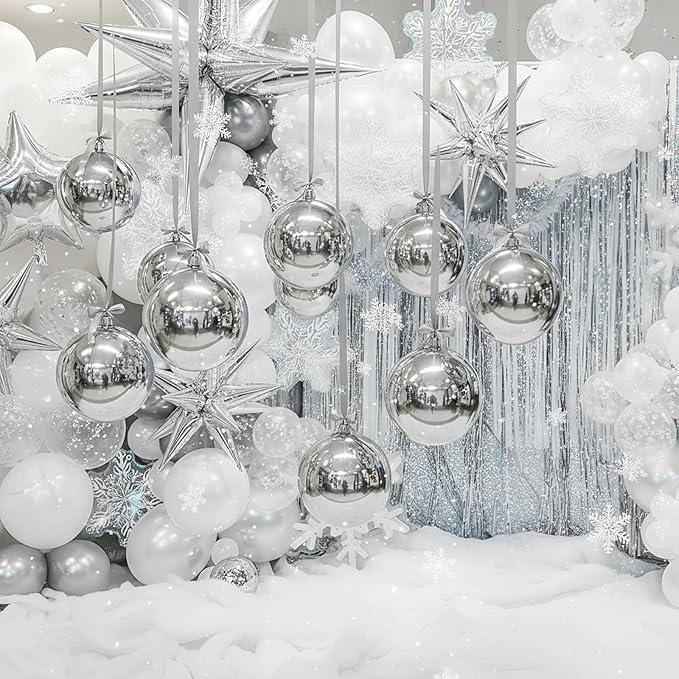 Jenaai 30 Set Round Foil Balloons Bulk 22 Inch 4d Metallic Giant Balloons Set with Satin Bows Ribbon for Ceiling Holiday Ornaments New Year Birthday Wedding Party Decoration(Silver)